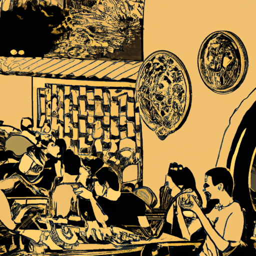איור של מסעדה היסטורית בישראל, המתאר אנשים הנהנים מהמטבח הישראלי המסורתי.